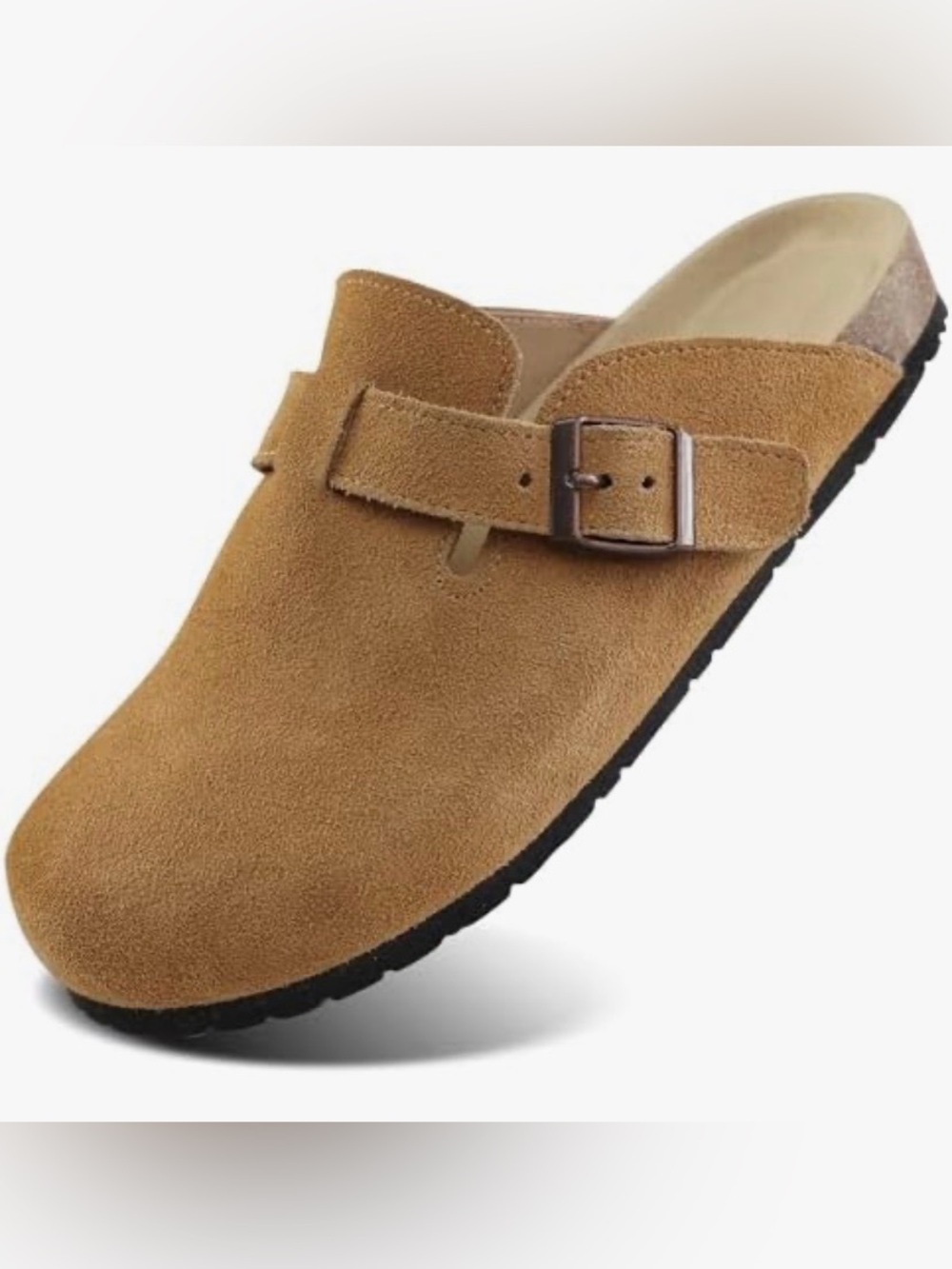 Womenβs Suede Slip-On Clog with Buckle - Tan